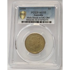 AUSTRALIA 2000 . ONE 1 DOLLAR COIN . ERROR . MULE . STRUCK ON TEN 10 CENTS